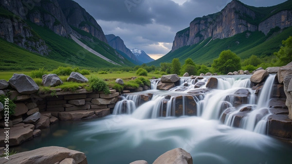 Fototapeta Waterfall in the valley on a cloudy and sunny day.  AI generated.