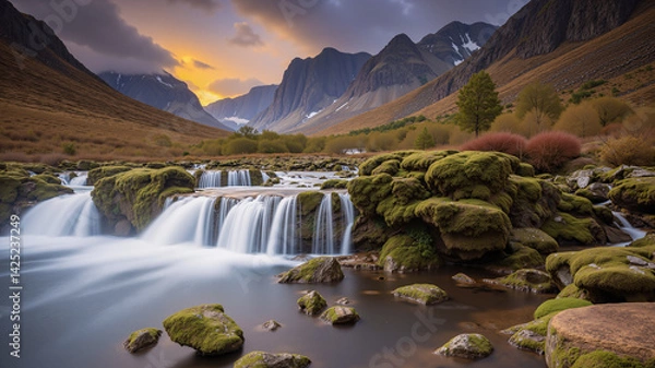 Fototapeta Waterfall in the valley on a cloudy and sunny day.  AI generated.