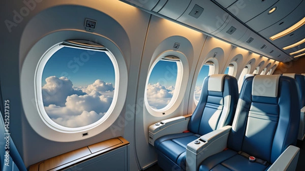Fototapeta The passenger seat on the plane has a window that allows a view of the clouds outside.  AI generated.