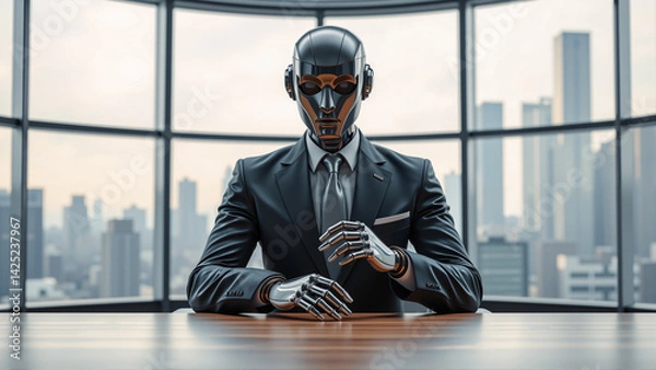 Fototapeta Businessman becomes a machine or robot, in a suit, on a desk.  AI generated.