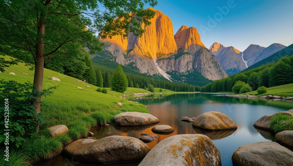 Fototapeta Forest and stream landscape with mountains and sky as the backdrop.  AI generated.