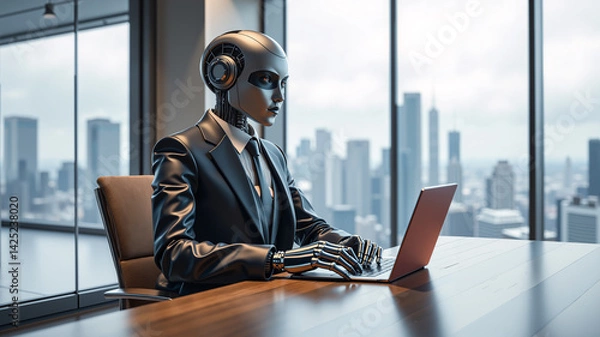 Fototapeta Businessman becomes a machine or robot, in a suit, on a desk.  AI generated.