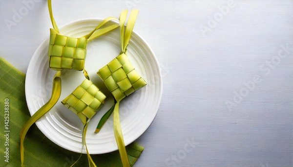 Fototapeta White plate with ketupat Rice Cake on left side of white table background using ¾ Camera Angle