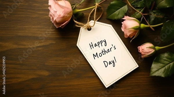 Fototapeta Label with words "Happy Mother's Day!" with pink roses and green leaves on warm brown old wooden table background.