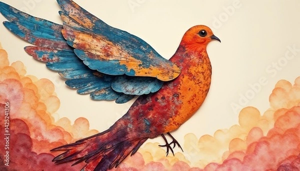 Fototapeta Colorful bird illustration with vibrant wings soaring through a whimsical cloud background