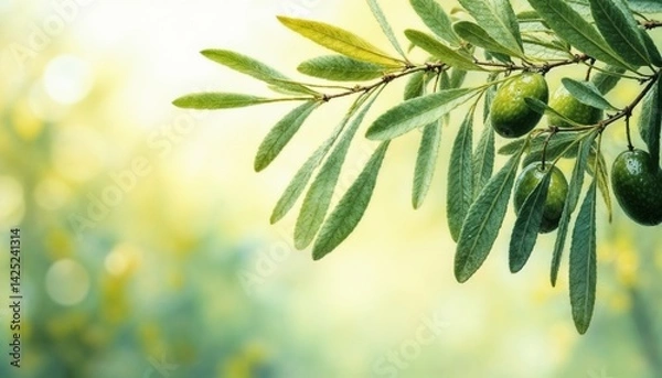 Fototapeta Close-up of olive branch with green olives and fresh leaves against blurred background