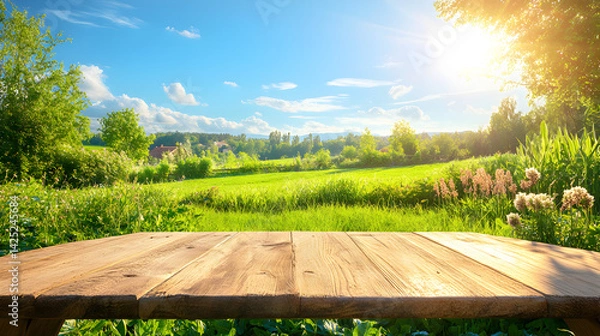 Fototapeta A natural spring garden background of fresh green grass with a bright blue sunny sky with a wooden table to place cut out products on