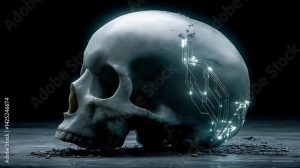 Fototapeta Human Skull Engraved with Glowing Electronic Circuit Patterns on Dark Ground - made with Generative AI