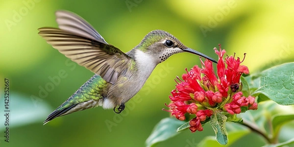 Fototapeta Hummingbird Feeding from Red Flower, Close-up of Hummingbird Hovering Over Flower, Tiny Hummingbird on Vibrant Red Flower

