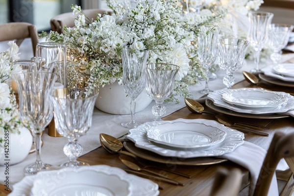 Obraz The image shows a meticulously set table with elegant white and gold tableware, including plates, glasses, and cutlery