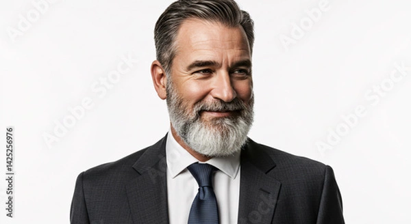 Obraz Professional portrait of a distinguished senior executive with a full gray beard and styled hair, dark gray business suit, white shirt, blue tie, leadership presence, minimalist background.