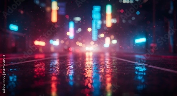Obraz City Street at Night with Neon Lights and Wet Pavement