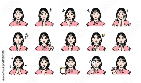 Fototapeta オシャレな若い女性の様々な表情バリエーションセット