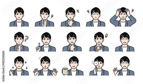 Fototapeta カジュアルな若い男性の様々な表情バリエーションセット