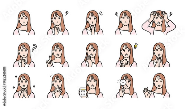 Fototapeta ロングヘアの若い女性の様々な表情バリエーションセット