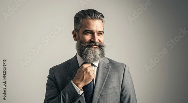 Obraz Smiling Bearded Man in Gray Suit Adjusting Blue Tie