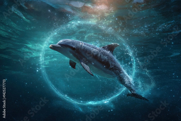 Fototapeta A dolphin leaping through a glowing hoop of stars in a sparkling ocean
