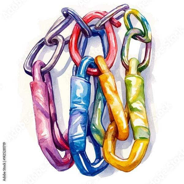 Obraz Colorful climbing carabiners clipped together, watercolor illustration, isolated on a white background.

