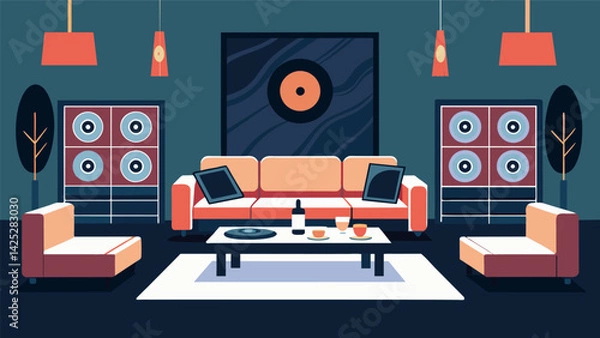 Obraz A luxurious lounge with indulgent leather sofas marble accents and stateoftheart sound systems for the ultimate vinyl listening experience. Vector illustration