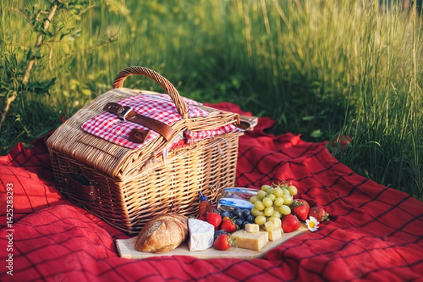 Fototapeta The image shows a picnic setup on a red blanket in a grassy field
