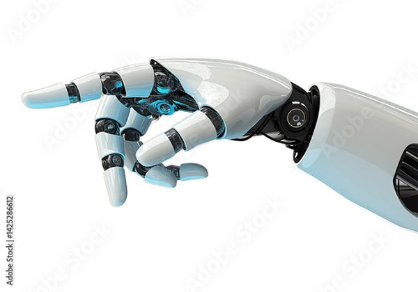 Fototapeta High-tech robotic hand with white glossy armor and mechanical joints in a pointing pose, ideal for AI, innovation, robotics, and future technology visual content on a clean white background