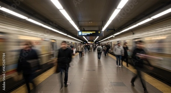 Obraz Crowds fill a bustling subway station, where people hurry along the platform amid bright overhead lights. Commuters travel in both directions, with some checking their phones or glancing at the