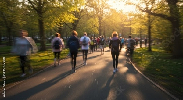 Obraz People participate in a morning jogging session in a bustling city park, taking advantage of the bright and sunny day. The path is lined with vibrant trees, their leaves glowing in the sunlight