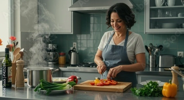 Obraz A woman is preparing a meal in a contemporary kitchen, surrounded by fresh ingredients. She is skillfully chopping colorful tomatoes on a wooden cutting board while wearing a gray apron. The kitchen