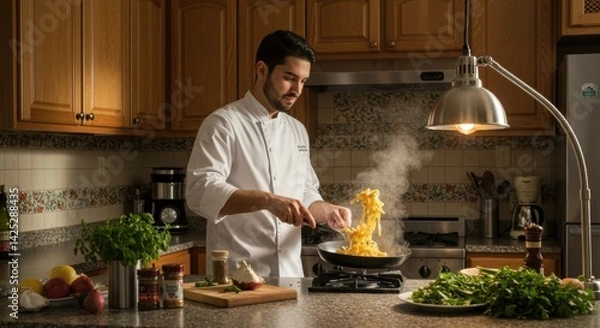 Obraz In a warmly lit kitchen, a chef skillfully tosses freshly cooked pasta into a skillet, creating an enticing dish. The countertop is adorned with colorful ingredients, including fragrant herbs, fresh