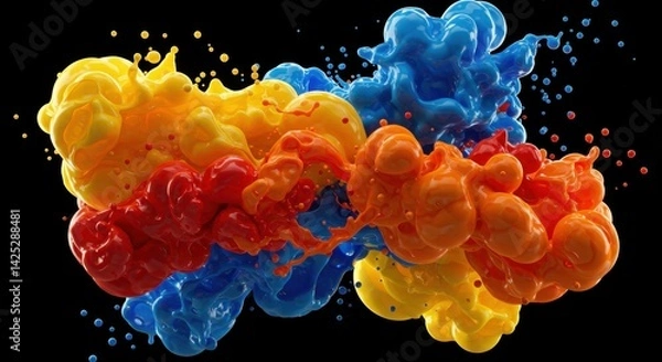 Obraz Bright splashes of red, blue, yellow, and orange paint collide and blend together, creating a captivating abstract composition. The vivid colors swirl and bubble, forming dynamic shapes against a