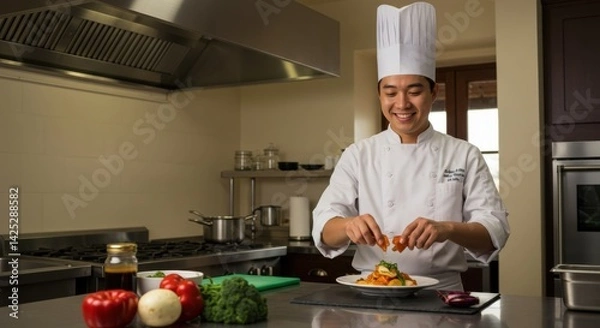 Obraz A chef in a professional kitchen is meticulously plating a dish of pasta, showcasing his culinary skills. He is carefully garnishing the plate with fresh herbs and seafood. Brightly colored vegetables