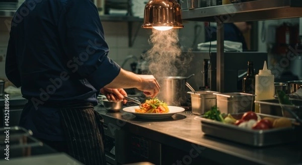 Obraz A chef is skillfully plating a colorful gourmet dish under the warm glow of pendant lighting in a busy kitchen. The space is filled with stainless steel counters and various ingredients carefully