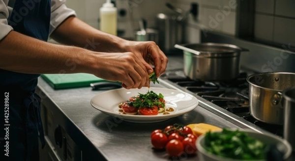 Obraz A chef skillfully arranges vibrant tomatoes and aromatic greens on a white plate in a contemporary kitchen. The workspace is bustling with culinary tools, including pots, fresh ingredients, and a
