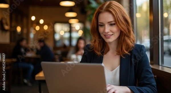 Obraz A woman sits comfortably at a wooden table in a warm and inviting cafe during late afternoon. She has long, flowing red hair and wears a sleek, professional outfit while focused on her laptop. The