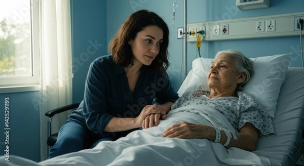 Obraz A woman sits beside an elderly patient in a hospital room, offering comfort and support. The woman gently holds the patient's hand, displaying emotional connection and care. Soft lighting fills the