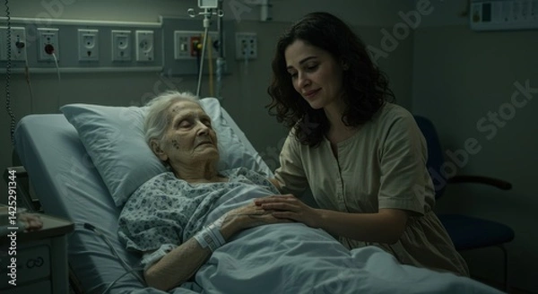 Obraz A caregiver gently holds the hand of an elderly patient resting in a hospital bed. The patient, with white hair, appears to be receiving comfort and support during a vulnerable time. The soothing
