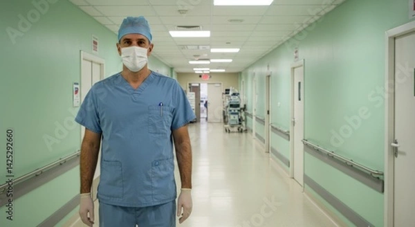 Obraz A healthcare professional is positioned in a well-lit hospital corridor, dressed in light blue scrubs, a surgical mask, and gloves. The corridor features green walls and provides a glimpse of medical