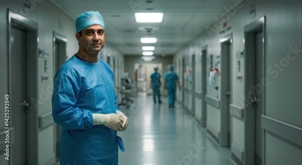 Obraz In a well-lit hospital corridor, a surgeon wearing a blue scrubs and a surgical cap stands at attention, looking directly towards the camera. His gloves indicate readiness for a medical task