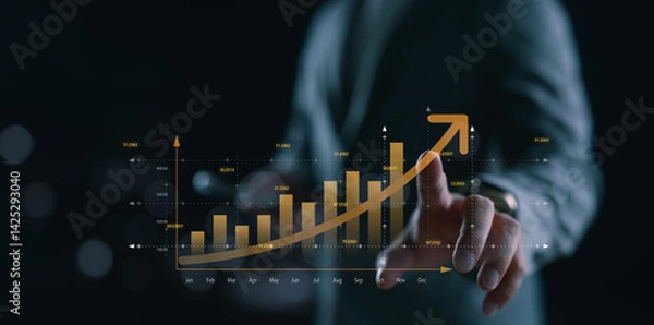 Fototapeta Businessman pointing at a golden upward graph, representing financial growth, business success, data analysis, investment performance, and economic progress in digital strategy.