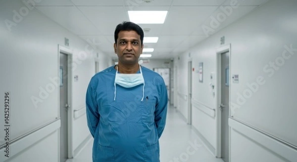 Fototapeta A healthcare professional stands confidently in a well-lit hospital corridor. Wearing blue scrubs and a protective mask, the individual embodies commitment to patient care. The sterile environment