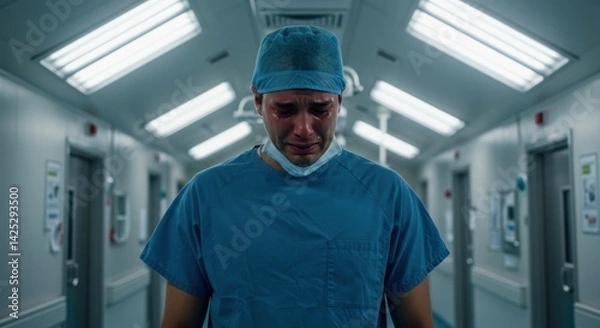 Obraz A doctor wearing blue scrubs and a surgical mask stands in a dimly lit hospital corridor. Tears fill his eyes as he reflects on the emotional toll of his profession, facing the challenges of patient