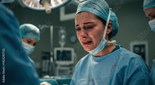 Obraz Under the bright lights of a hospital operating room, a medical professional shows deep emotion as tears stream down her face. She wears surgical scrubs and a mask, surrounded by fellow team members