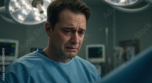 Obraz In a hospital operating room, a surgeon is visibly upset, tears streaming down his face. Wearing light blue scrubs, he stands under bright overhead surgical lights, surrounded by medical equipment and