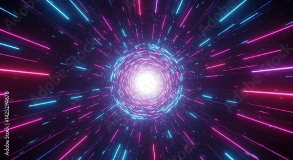 Fototapeta A vibrant display of colorful beams radiates from a central point, creating a swirling vortex in a cosmic environment. The mix of pink, blue, and white hues gives the impression of high-speed movement