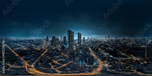 Fototapeta night time city view v11 8K VR 360 Equirectangular Spherical Panorama
