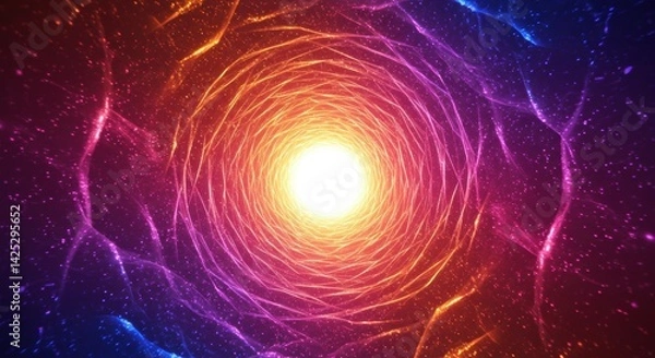 Obraz A mesmerizing tunnel of light radiates from a central point, creating an inviting spiral surrounded by colorful patterns. The vibrant hues of orange, pink, purple, and blue intermingle to give a sense
