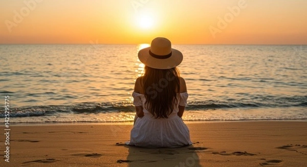 Obraz A woman sits quietly on the sandy beach, gazing at the breathtaking sunset over the calm ocean waters. The orange and pink hues of the sky reflect beautifully on the water's surface. Dressed in a