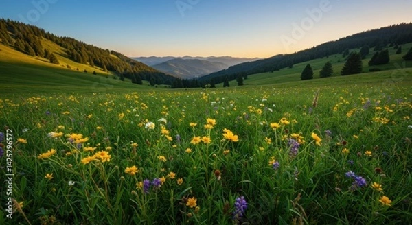 Obraz In a lush meadow, a myriad of wildflowers bursts into color as the sun sets behind the rolling hills. The landscape is dotted with yellow, purple, and white blossoms, creating a stunning contrast