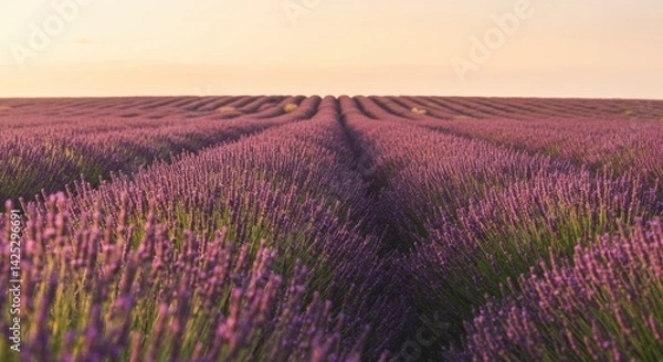 Obraz Rows of blooming lavender fill the landscape, creating a breathtaking view as the sun sets on the horizon. The vibrant purple flowers sway gently in the evening breeze, filling the air with their