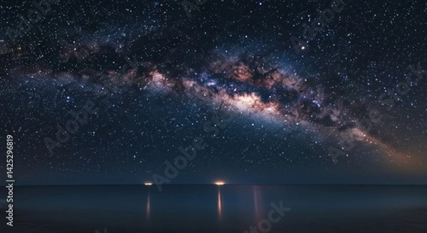 Obraz A breathtaking view showcases the Milky Way galaxy arching gracefully across the night sky. Below, the calm ocean reflects the soft glow of distant stars, creating a serene atmosphere. This tranquil